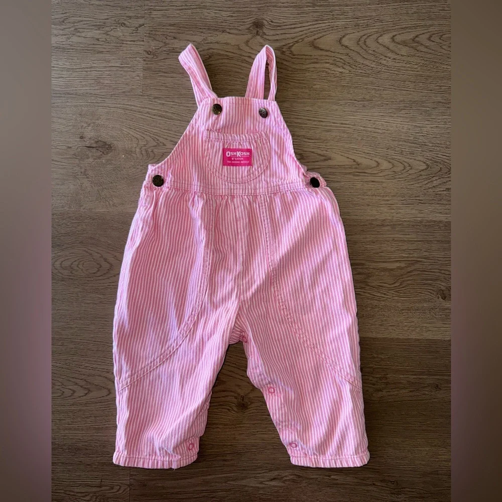 Vintage USA OshKosh B'gosh Pink Striped 100%Cotton Overalls Baby Girl 24 Months